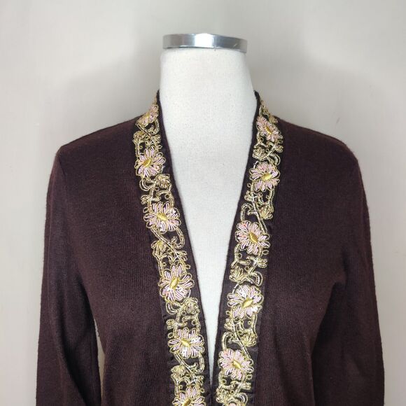 Cache Embroidered Cardigan Beaded Sequin Trim Open Front - Picture 2 of 12